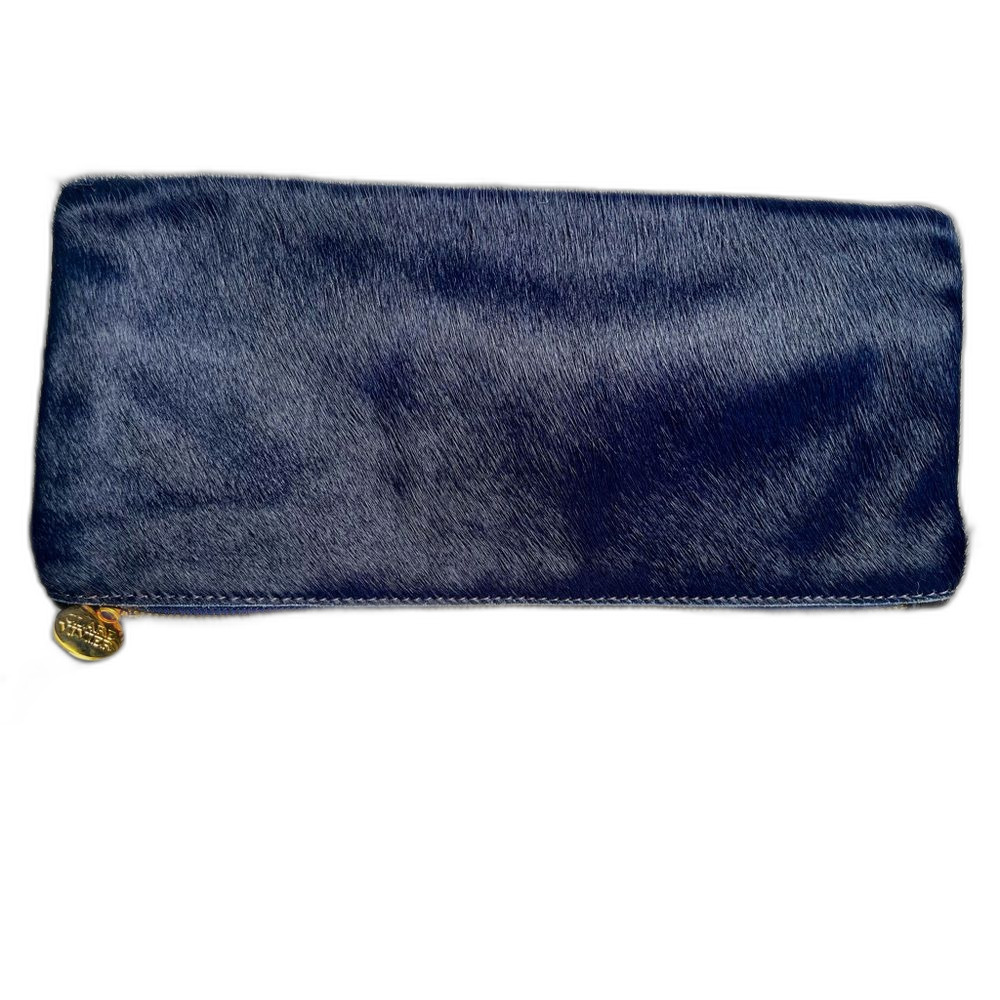 Clare V. Foldover Clutch Blue Fur & Black Leather Luxury Minimalist Pouch